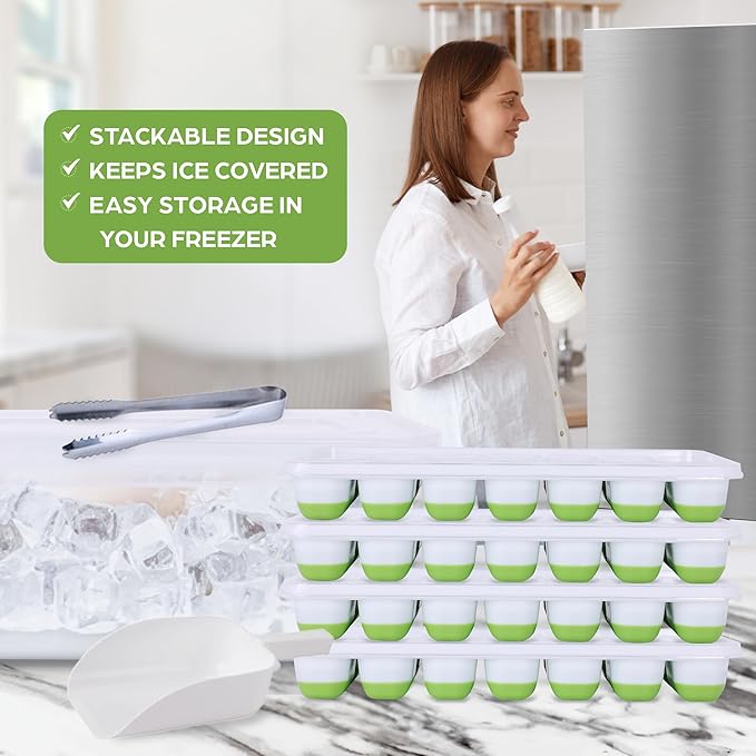 Ice Cube Tray Set – 4 Silicone Trays with Lids, Ice Bucket, Scooper & Tongs – Reusable BPA-Free Ice Maker for Freezer, Cocktails, Whiskey, Coffee, Baby Food & Kitchen Storage