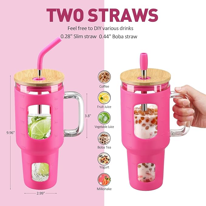 WINSA Glass Tumbler with Straw and Lid, 40 oz glass cup with handle, Glass Water Bottles with Time Marker, Silicone Protective Sleeve-Rose Red