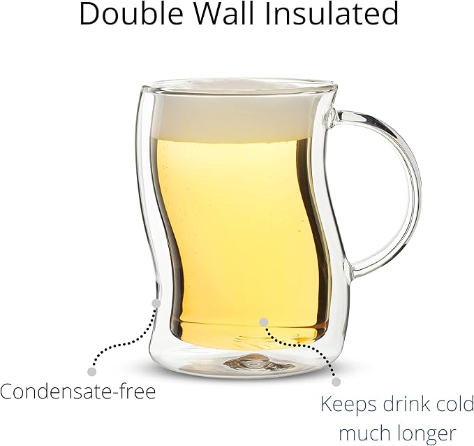 BTaT- Double-Walled Beer Mugs, 16 oz, 4 Pack, Double-Walled Glass with Handle, Insulated Beer Glasses, Drinking Glasses for Bar, Beverages, Alcohol, Water