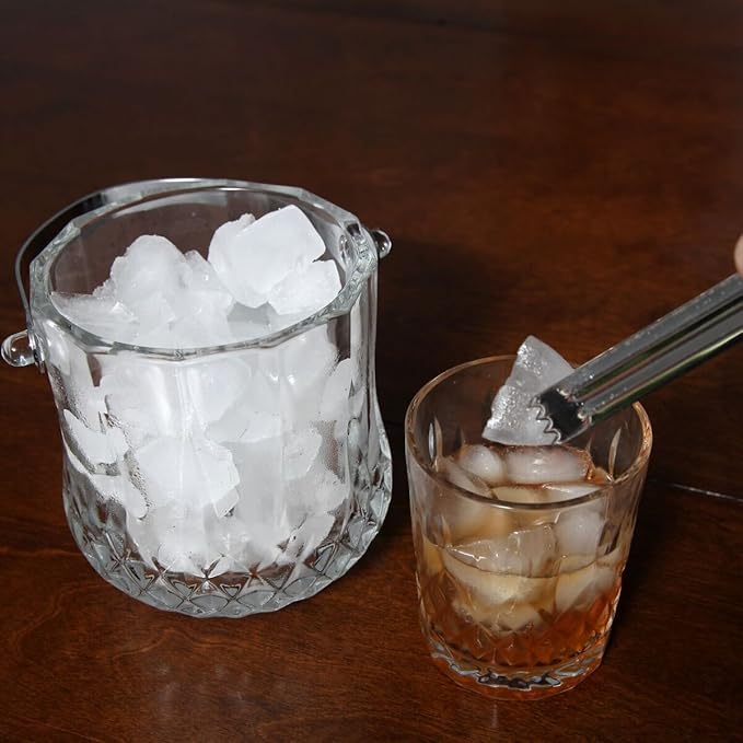 Lily's Home 1000ml -4.62" L x 4.62" W x 8.5" H - Glass Ice Bucket with Handle and Stainless Steel Tongs, Sparkling Ice Buckets, for Party,Wine Home Bar, Beer, Champagne, Cocktail Bar, Mini & Portable