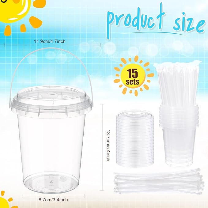 Funnymoom 15 Set 34oz Clear Plastic Drink Buckets with Lids and Straws Disposable Iced Coffee Cups Rum Buckets for Cocktail Parties Smoothie Cup Bulk with Handles for Beach Pool Party Supplies