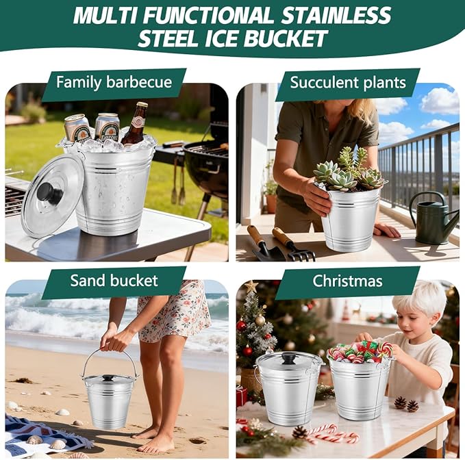 OBTANIM 3 Pack 5L Stainless Steel Metal Ice Buckets Champagne Drink Cooler Storage Ice Pails with Handle and Lid for Party Favors Organizing Home Parties Bar Cooling Supplies