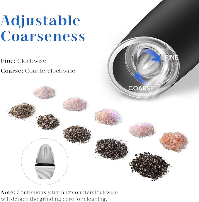 UNNEES Rechargeable Electric Salt and Pepper Grinder Set, Gravity Activated, Adjustable Coarseness, LED Light, USB Charging, Ceramic Core, 150ml Transparent Hopper, Black