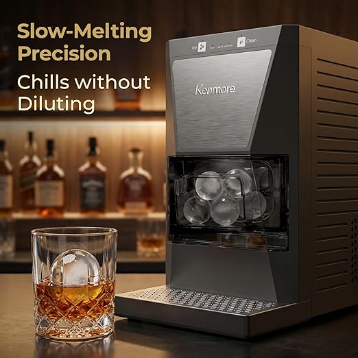 Kenmore Countertop Clear Sphere Ice Ball Maker - 2-Inch Slow-Melting Ice Spheres for Whisky & Cocktails, Makes Up to 48 Clear Ball Per Day, Touch Controls, Black