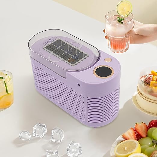 Portable Small Ice Maker, Mini Ice Cube Maker Countertop, 12V/AC Dual Power Quiet Compact Ice Machine with Clear Cover and Clip, for Home Kitchen, Camping RV, Dormitory, Office (Purple)