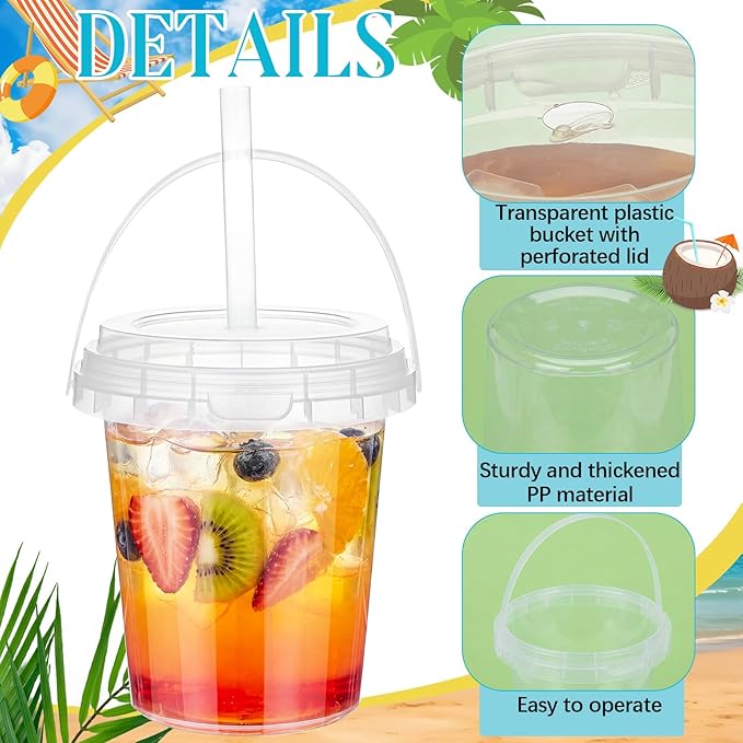 Willinglong 20 Set 34oz Clear Plastic Drink Buckets Rum Buckets for Drink with Straws, Lids and Beverage Syringes Reusable Iced Coffee Cups for Rum Wine Beer Cocktail Beverage Lemonades