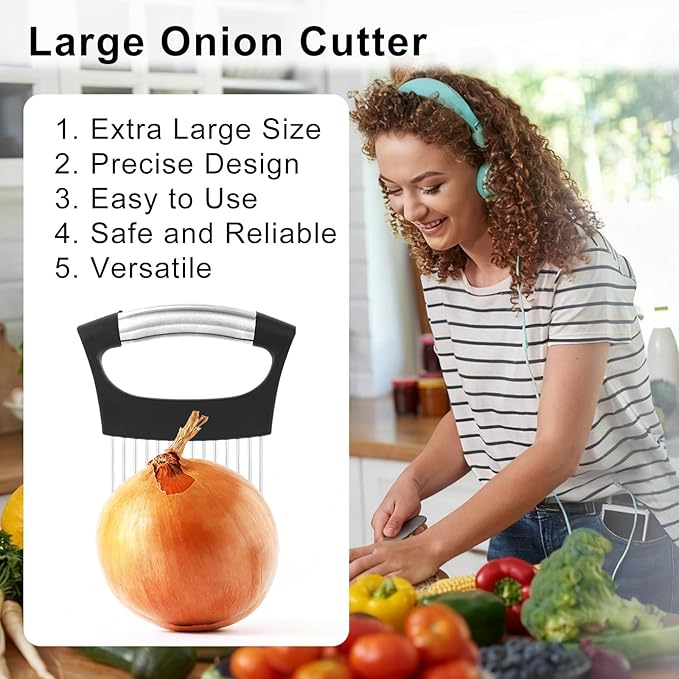 Extra Large Onion Slicing Holder, Stainless Steel Vegetable Onion Cutter Chopper Slicer Holder with 14 Long Needles Practical Kitchen Tool Assistant for Meat Lemon Tomato Avocado Potato
