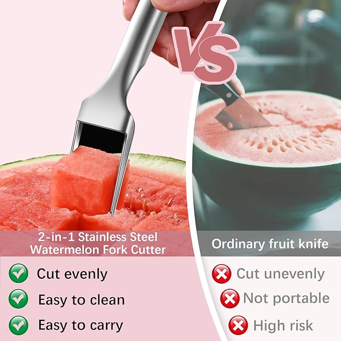 2-in-1 Watermelon Fork Slicer Cutter, Dual Head Watermelon Cube Cutter, Multipurpose Fruit Cutting Knife Summer Stainless Steel Watermelon Slicer for Kitchen Gadgets, Parties, Camping
