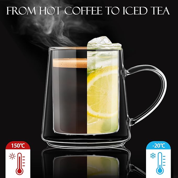 Joeyan 10.8oz Double Wall Glass Coffee Mugs Set of 2, Insulated Clear Glass Coffee Cups with Handle, Thermal Two Layer Latte Mugs for Hot Cold Drinks, Glassware for Coffee Tea Cocktails Espresso Beer