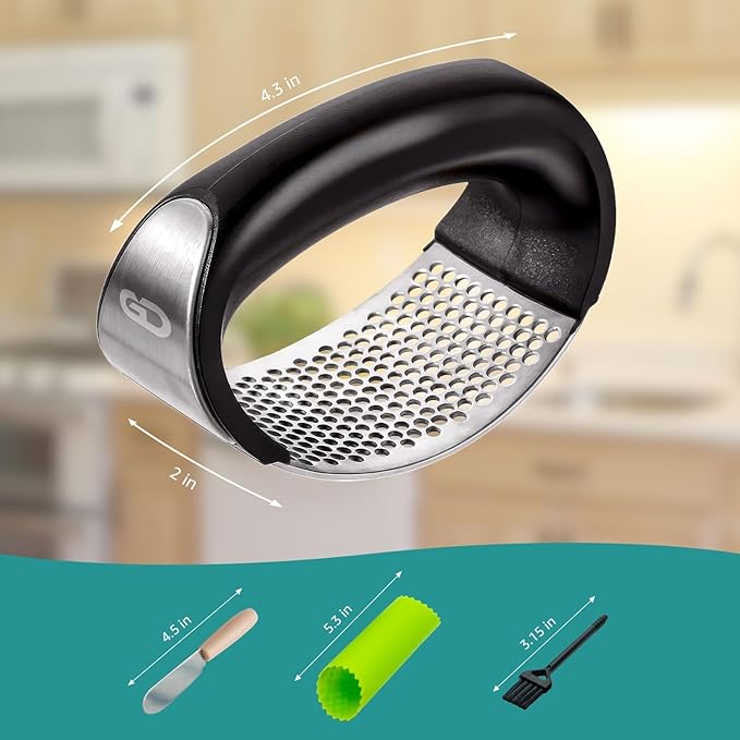 Garlic press rocker, crusher, mincer tool stainless steel with a Garlic Peeler, spatula, and Brush extract more Garlic Paste. The Garlic Mincer Tool Squeezes, Extracts, Crushes