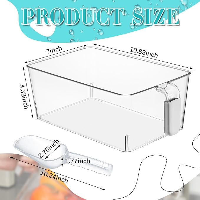 Havawish 2 Set Ice Storage Bin and Flexible Scoop Set Plastic Freezer Bin with Pull out Handle Storage Bucket Clear for Container with Scoop (gray, 10.83 x 7 x 4.33 in, Classic)