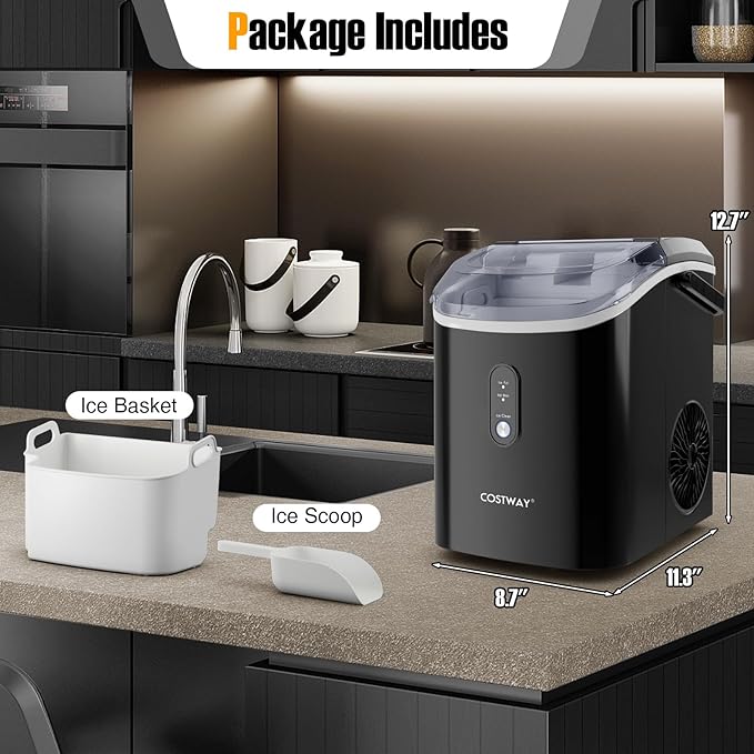 COSTWAY Nugget Countertop Ice Maker, Ready in 6 Mins, 34 lbs/24H, Ice Machine with Soft Chewable Pellet Ice, Self-Cleaning, One-Click Operation, Ice Basket & Ice Scoop for Kitchen (Black)
