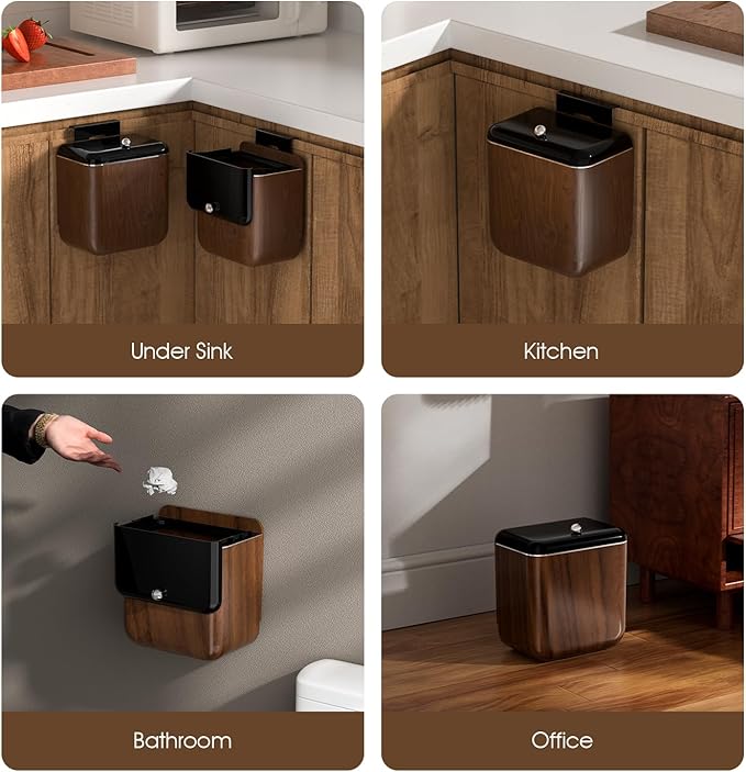 Large 3.2 Gallon Compost Bin, Under Sink Trash Can with Lid, Hanging Waste Cabinet for Office Kitchen Cupboard Bathroom Bedroom, Walnut Color