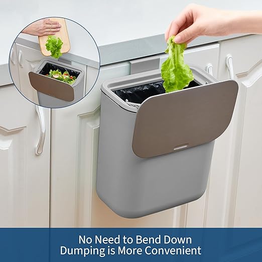 2.4 Gallon/9L Hanging Trash Can with Stainless Steel Lid, Mountable Compost Bin for Kitchen Cabinet Door, Under Sink Food Waste Container for RV, Bathroom, Office