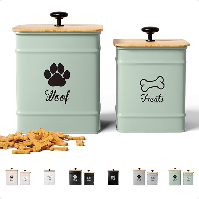 Dog Treat Container Airtight Set of 2 - 8x6 & 7x5 inch Iron Dog Treat Jars for Kitchen Counter with Airtight Bamboo Lids - 20 Cup Capacity Pet Treat Container Set - Doggie Cookie Jar - Treats Canister
