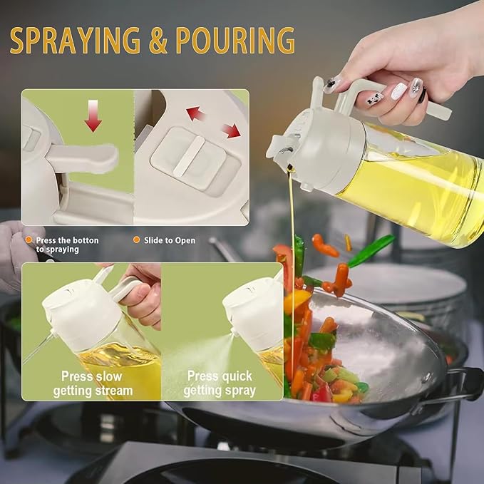 Oil Sprayer 16oz/470ml Glass Olive Oil Sprayer for Cooking with Stickers, 2 in 1 Oil Dispenser for Kitchen Gadgets, Food Grade Premium Spray Bottle with Portion Control