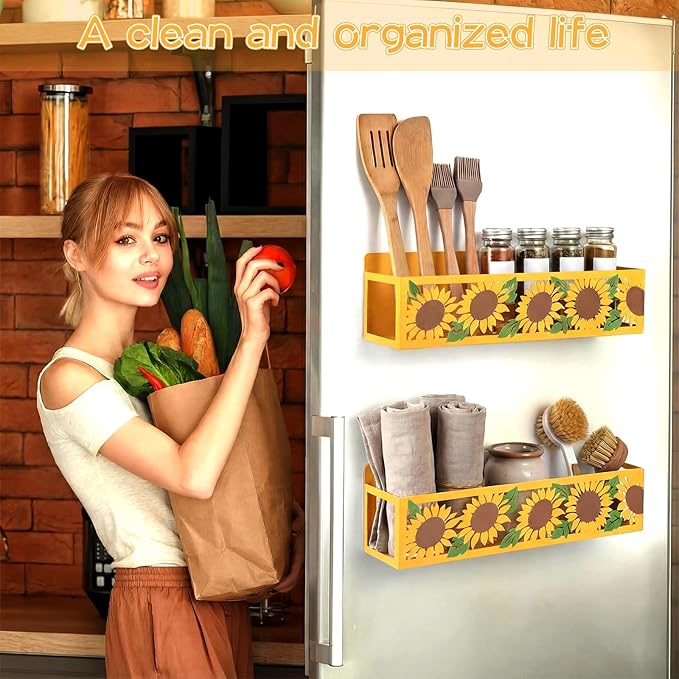 Beeveer 2 Pack Sunflower Magnetic Spice Rack for Refrigerator Metal Magnet Basket Shelf for Fridge Seasoning Storage Organizers Home Decor Kitchen Accessories (White)