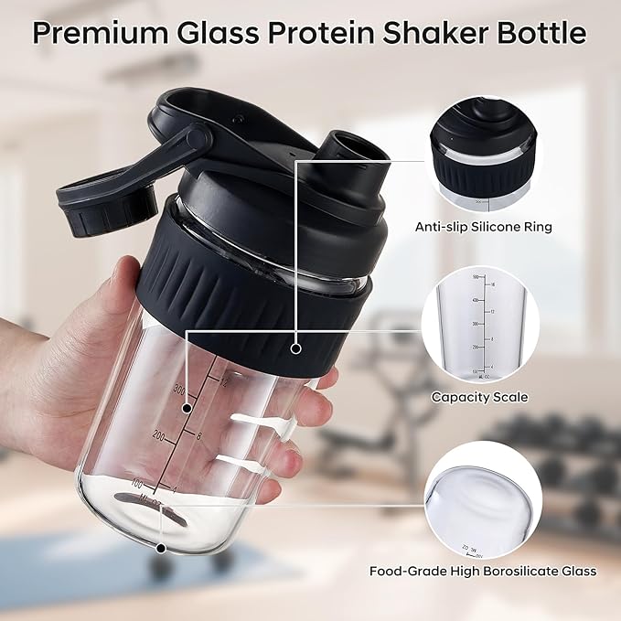 16oz Glass Shaker Bottle for Protein, 2 Pack Small Borosilicate Glass Protein Powder Leak-Proof Shaker Cup Mixes with 304 Blending Ball(16oz,Black)