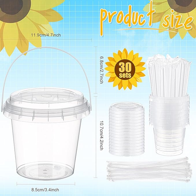 Funnymoom 30 Sets Clear Plastic Cups 24 oz Ice Cream Buckets with Lids & Straws Disposable Drink Cups Cocktail Pails Bulk with Handles and Stickers for Outdoor Beach Birthday Pool Party(Sunflower)