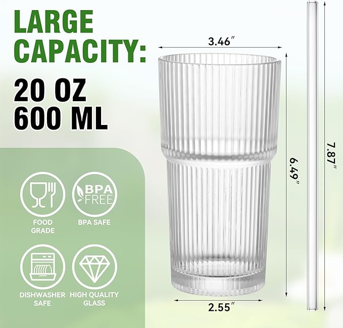 CWHHRN 20 oz Glass Cups and Straw 2 Set, Glass Tumbler with Straw, Vintage Glassware for Whiskey Cocktail Beer, Iced Coffee Cups (2 PACK)