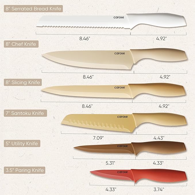 CAROTE Knife Set, 12 Pieces Kitchen Knife Set, 6 Stainless Steel Knives with Blade Guards & Nonstick Ceramic Coating, Rustproof, Color-Coded, Ergonomic Handles (Pack of 2)