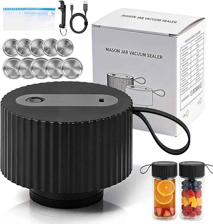 Electric Mason Jar Vacuum Sealer kit 3-in-1 Portable Vacuum Sealing for Jars Lids, Bags & Containers | Ideal for Fresh Produce, Dry Foods, Meats & Meal Prep (Black)