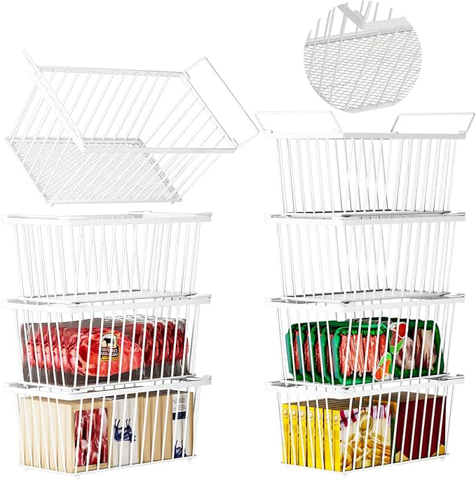 Enhanced Leak-Proof Bottom - Freezer Organizer Bins ，8 Pack Stackable Deep Freezer Organizer Bins for 7 Cu.FT Small Chest Freezer，organization and storage，pantry organizers（white）