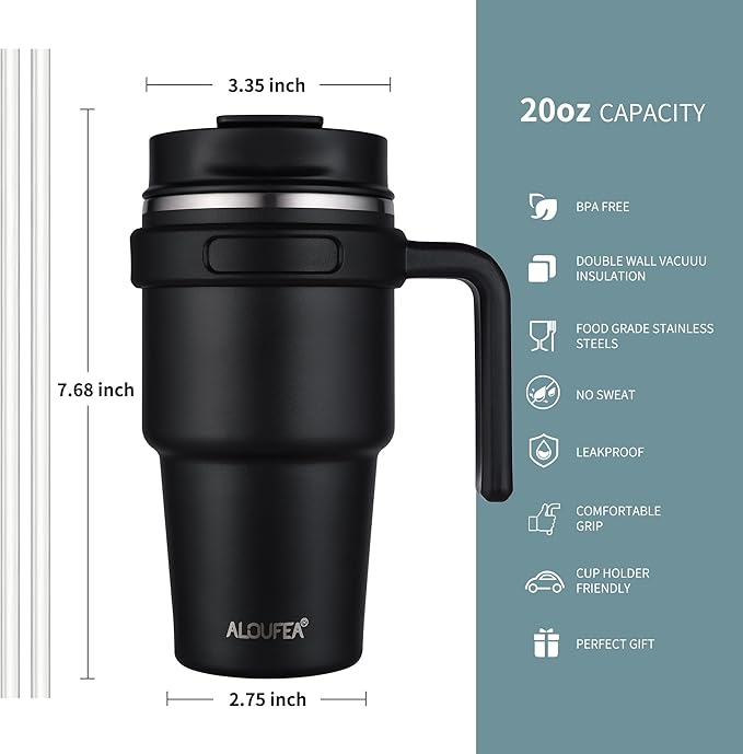 ALOUFEA 20 oz Insulated Coffee Mug Tumbler with Handle, Stainless Steel Travel Mug Tumbler with Lid and Straw, Double Wall Vacuum Leak Proof Ice Coffee Thermal Cup, Lavender Glitter