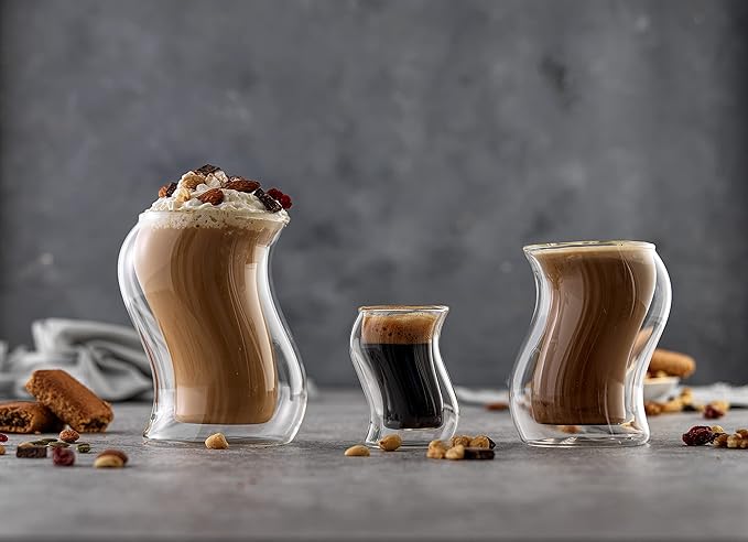JoyJolt Pivot Double Insulated Cocktail Glasses - Set of 2 Unique 8 oz Double Wall Tumbler - Engaging Optical Effect Double Wall Glass - Suitable for Tea, Cappuccino, Coffee, or Iced Beverages
