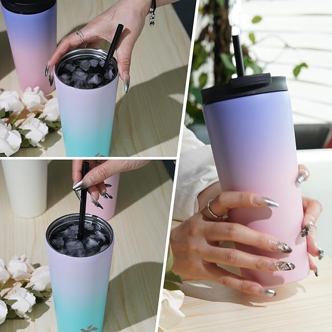 Konokyo 22 OZ Insulated Tumbler with Lid and 2 Straws Stainless Steel Water Bottle Vacuum Travel Mug Coffee Cup,Black