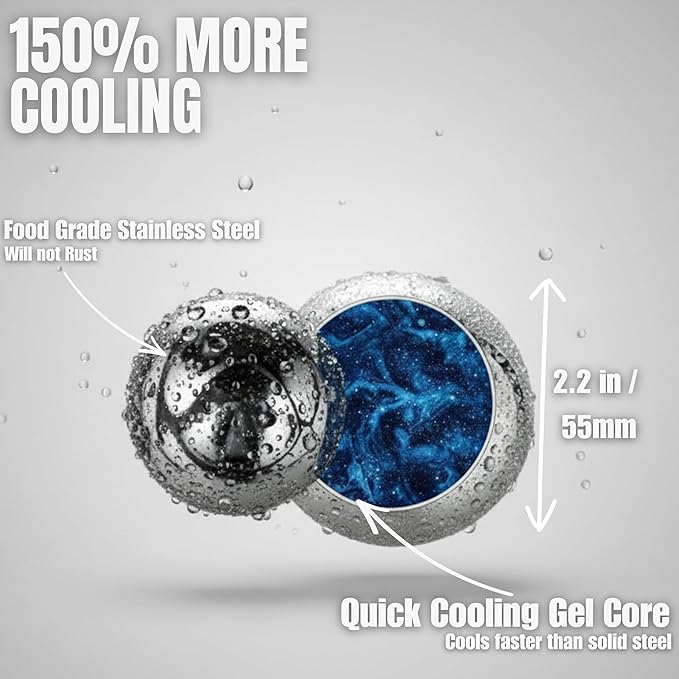 2 Premium XXL 55mm Stainless Steel Ice Whiskey Balls with Freezer Tray-Whiskey Rocks Chilling Stones, Whiskey Stone Ice Cube Balls, Round Chilling Spheres (Not Solid Steel)