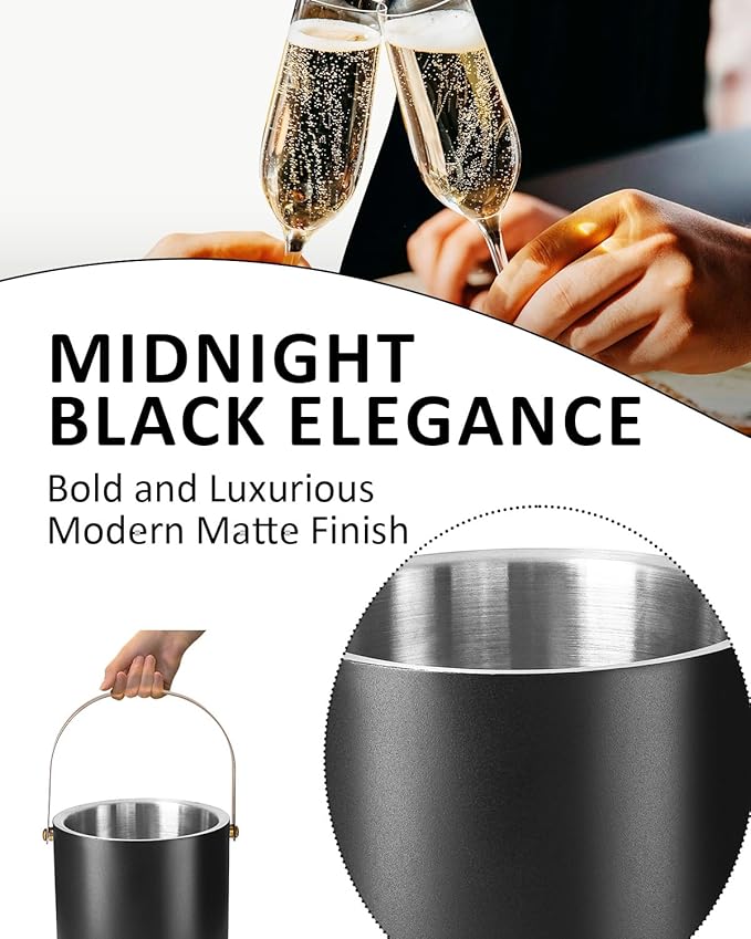 Bakpoco 3L Ice Bucket with Silicone Lid, Scoop, Gold Tongs & Strainer, Stainless Steel Double Wall Insulated Ice Buckets for Parties & Cocktail Bar, Outdoor Champagne Ice Container Bin, Black