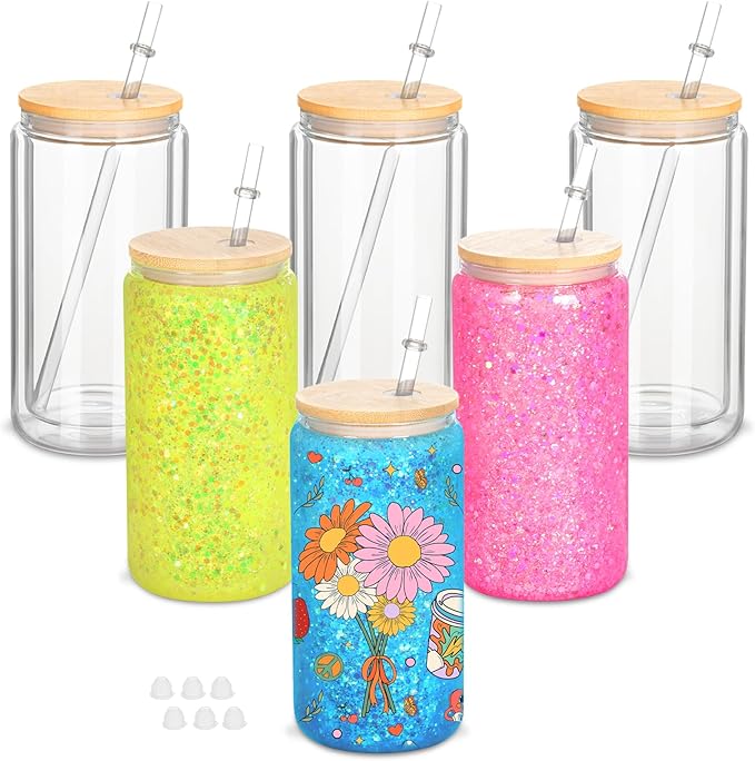 6 Pack 16 Oz Sublimation Snow Globe Tumbler, Snow Globe Cups with Pre Drilled Hole, Double Wall Beer Can Glass Mason Jar Mug with Bamboo Lids and Straws for Snowglobe DIY