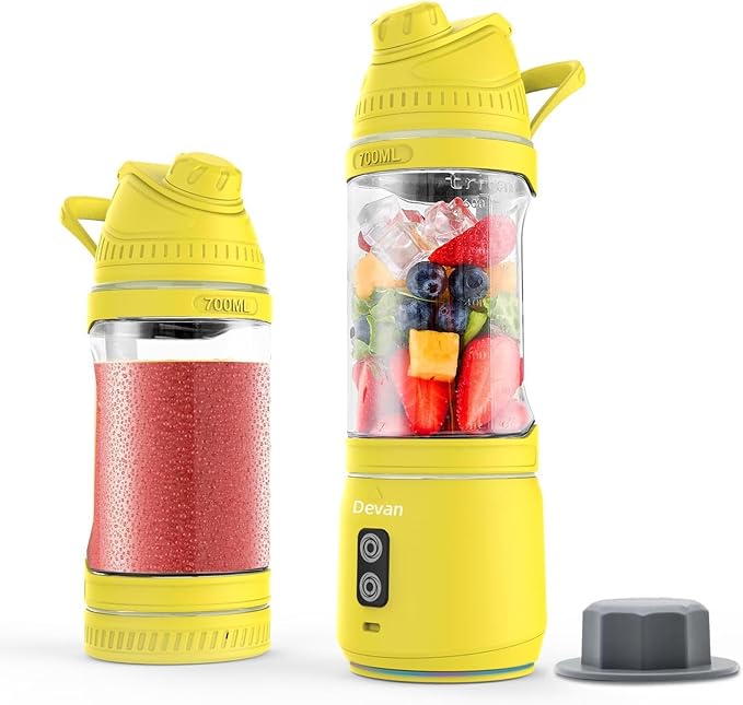 Portable Blender, Anti-Jamming 300 Watt for Shakes and Smoothies, 24oz Travel Blender USB Rechargeable, BPA Free Sporty bottle with a Travel Lid. (Yellow Base Yellow Lid)