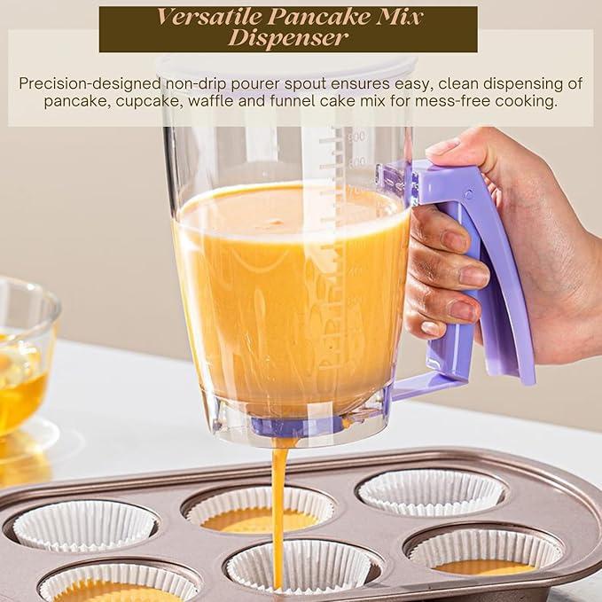Pancake Batter Dispenser - Kitchen Must Have Tool for Perfect Pancakes, Cupcake, Waffle, Muffin Mix, Cake & Crepe - Baking Supplies for Griddle - Pancake Maker with Measuring Label (Purple)