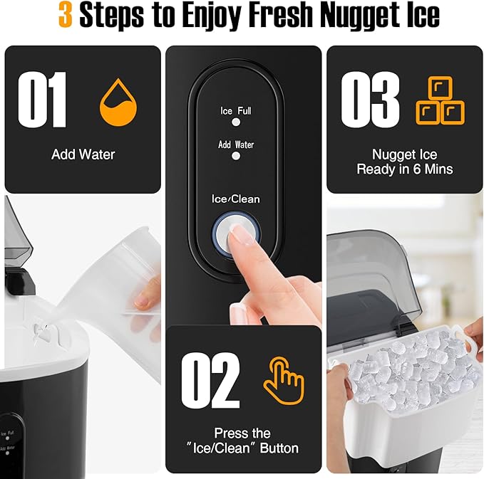 COSTWAY Nugget Countertop Ice Maker, Ready in 6 Mins, 34 lbs/24H, Ice Machine with Soft Chewable Pellet Ice, Self-Cleaning, One-Click Operation, Ice Basket & Ice Scoop for Kitchen (Black)
