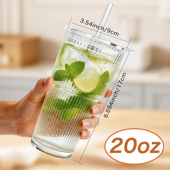 20oz Glass Tumblers with Lids and Straws, Set of 4, Reusable Iced Coffee Cups, Vintage Drinking Glasses, Ribbed Glassware for Cocktail Beer, Juice, Home, Office, Party Gifts, Dishwasher Safe