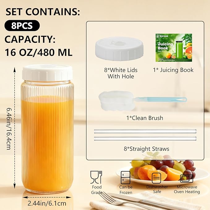Ruckae 16oz Juice Bottles,Ribbed Glass Juicing Bottles with Lids,Smoothie Cup Lids and Straws,Water Bottle Mason Jar Drinking Glasses for Juicing,Smoothies,Kombucha (Clear-8 pack)