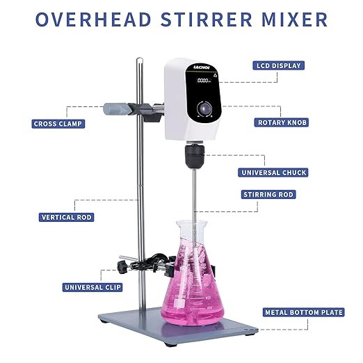 Electric Overhead Stirrer Mixer 100-2000RPM Max.20L(H₂O) LCD Display Digital Overhead Stirrer Mixer 10000mPas Powerful Lab Stirrers Mixer with Stirring Rod and Stand(Max.20L H₂O)