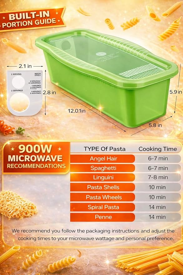 Microwave Pasta Cooker with Built-In Portion Tool, BPA-Free Microwave Pasta Maker for Spaghetti, Ramen & Vegetables, Dishwasher Safe