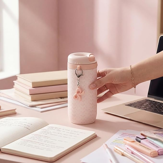 15 oz Stainless Steel Coffee Tumbler with Twist-Open Lid, Insulated Travel Mug for Iced Coffee Cold Brew and Warm Beverages, Leakproof, BPA-Free, Cup Holder Friendly, Bow Charm, Coquette Pink