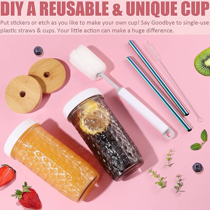 2 Pcs Glass Cups Set - 24oz Mason Jar Drinking Glasses with Bamboo Lids & Straws & 2 Airtight Lids, Cute Reusable Smoothie cup, Iced Coffee Glasses, Travel Tumbler for Bubble Tea, Juice, Gift