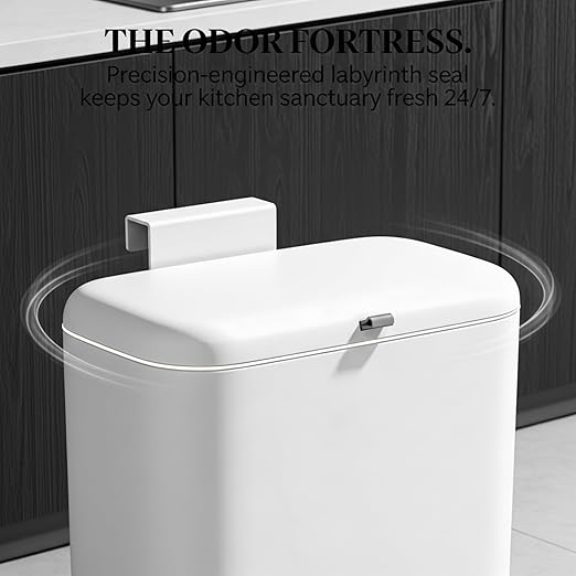 MUEE Hanging Compost Bin [1.8 Gal Standard Fit] Daily Food Scrap Collector with Slide Lid - Under Cabinet Small Trash Can for 2-3 Person Families, RV & Apartment - Matte White