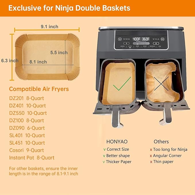 Air Fryer Paper Liners for Dual Zone Airfryer, 200pcs Rectangle Disposable Inserts for Ninja Foodi DZ201 DZ401 DZ550, Bella Slim 4 qt & other 8-10 qt 2-Basket Air Fryers (9'' x 6'' on Top)