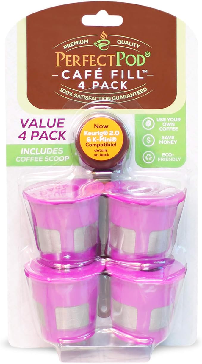 Cafe Fill 4-Pack 1-Stream Reusable Refillable Coffee Pod Filter Capsules Plus Coffee Scoop by Perfect Pod - Compatible with Keurig and Select Single Serve Coffee Makers, Replacement for K Cups