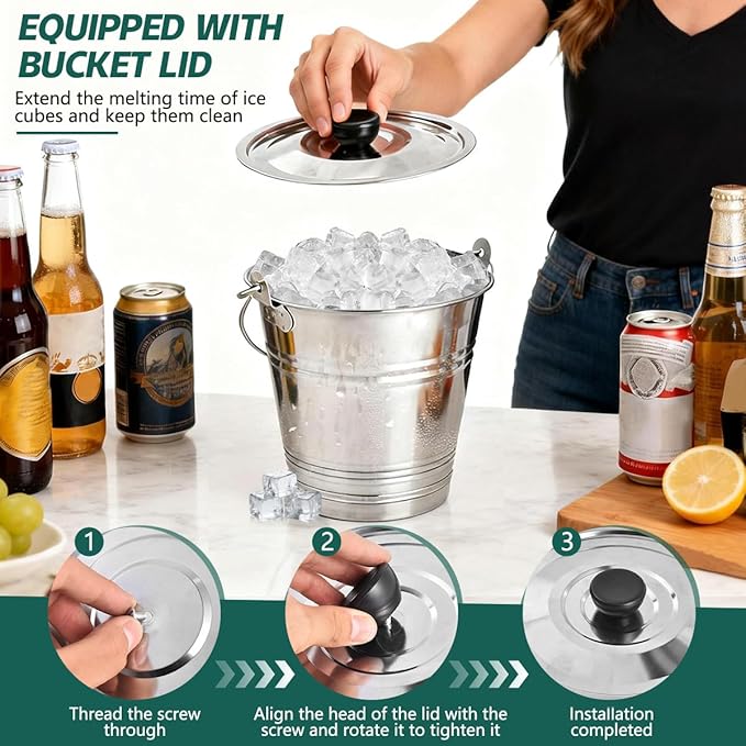 OBTANIM 3 Pack 4L Stainless Steel Metal Ice Buckets Champagne Drink Cooler Storage Ice Pails with Handle and Lid for Party Favors Organizing Home Parties Bar Cooling Supplies
