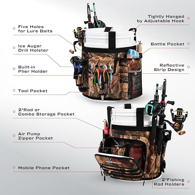 Boomistry Fishing Bucket Organizer for 5 Gallon Bucket Accessories, Fishing Tackle Bag with Adjustable Buckle, Fishing Rod Bag with 15 Multi-Pockets for Fishing Gear and Equipment (Brown Camo)