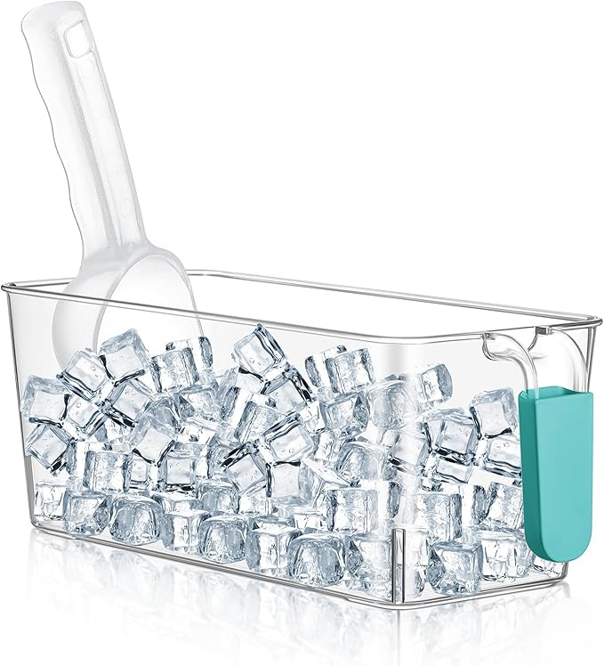Havawish 1 Set Ice Bin and Flexible Scoop Set Plastic Freezer Ice Bin with Pull out Handle Storage Bucket Clear for Container with Bucket Scoop (10.83 x 4.92 x 4.33 in,Blue)