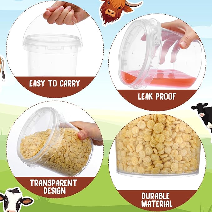 PerKoop 20 Pcs 32 oz Ice Cream Buckets with Lids and Handles Clear Cocktail Rum Buckets with Stickers Plastic Transparent Tub Reusable Food Storage Containers for Parties(Cow)
