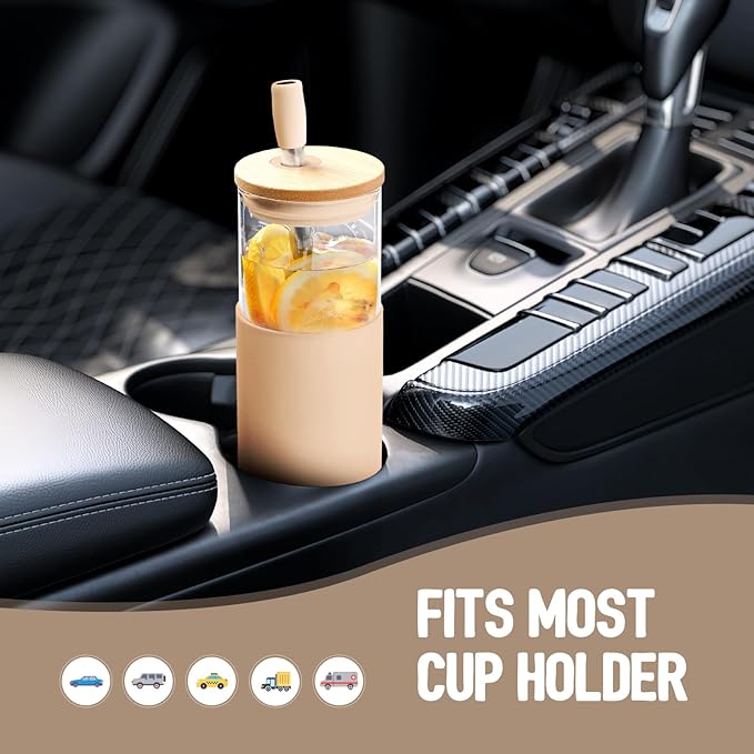 Kodrine 24oz Glass Tumbler with Lids and Straws|Bamboo & On the go Lid|Reusable Ice Coffee Cup with Silicone Sleeve, Glass Coffee Tumbler for Smoothie/Matcha, Dishwasher & BPA Free-Amber